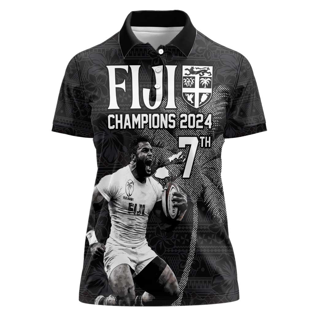 Custom Fiji Rugby Pacific Champions 2024 Women Polo Shirt Anniversary 7 Titles - Fijians Rugby and Tapa Hibiscus Black Art