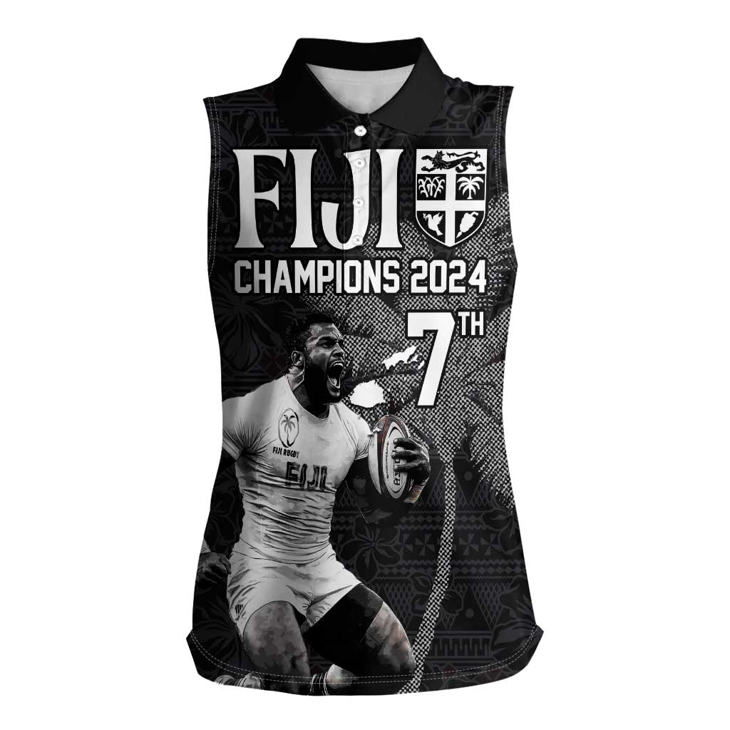 Custom Fiji Rugby Pacific Champions 2024 Women Sleeveless Polo Shirt Anniversary 7 Titles - Fijians Rugby and Tapa Hibiscus Black Art