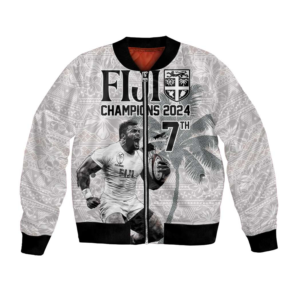 Custom Fiji Rugby Pacific Champions 2024 Bomber Jacket Anniversary 7 Titles - Fijians Rugby and Tapa Hibiscus White Art