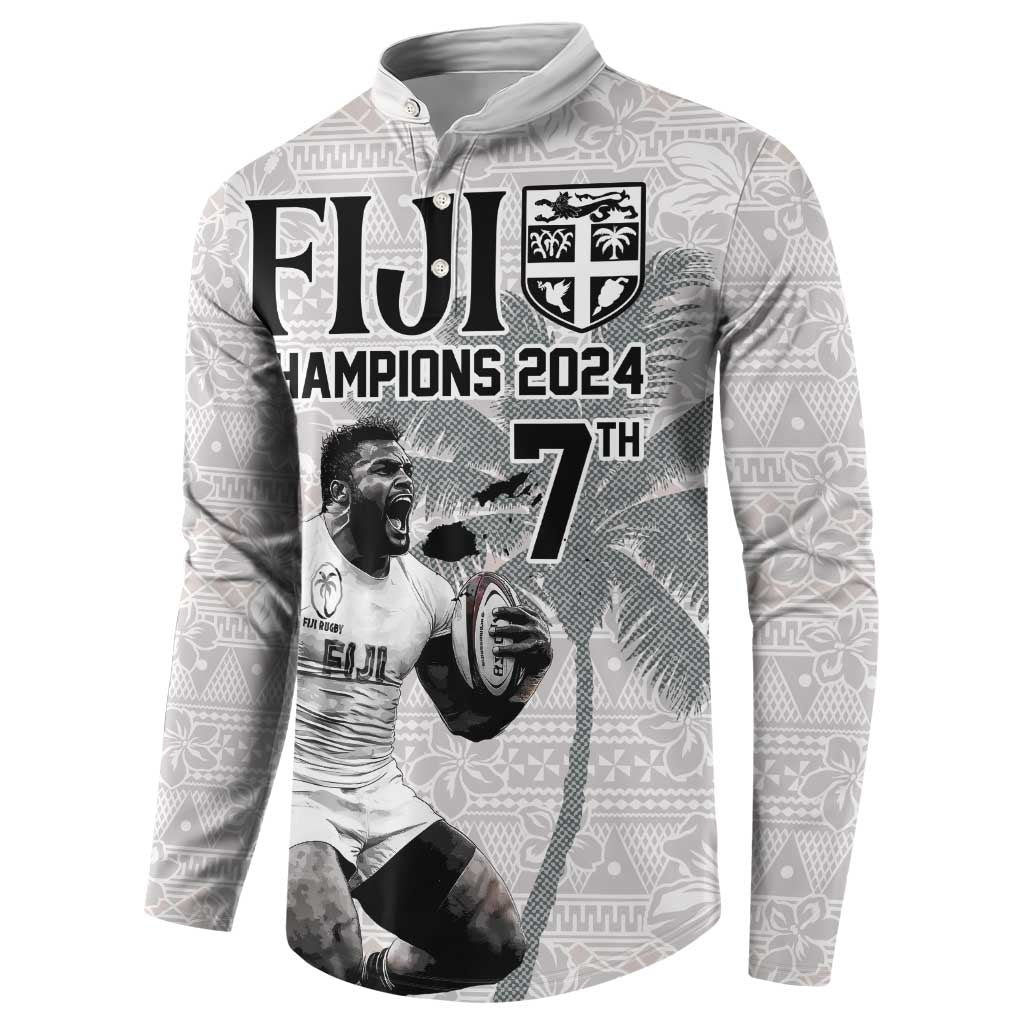 Custom Fiji Rugby Pacific Champions 2024 Button Sweatshirt Anniversary 7 Titles - Fijians Rugby and Tapa Hibiscus White Art