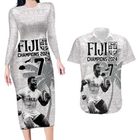 Custom Fiji Rugby Pacific Champions 2024 Couples Matching Long Sleeve Bodycon Dress and Hawaiian Shirt Anniversary 7 Titles - Fijians Rugby and Tapa Hibiscus White Art