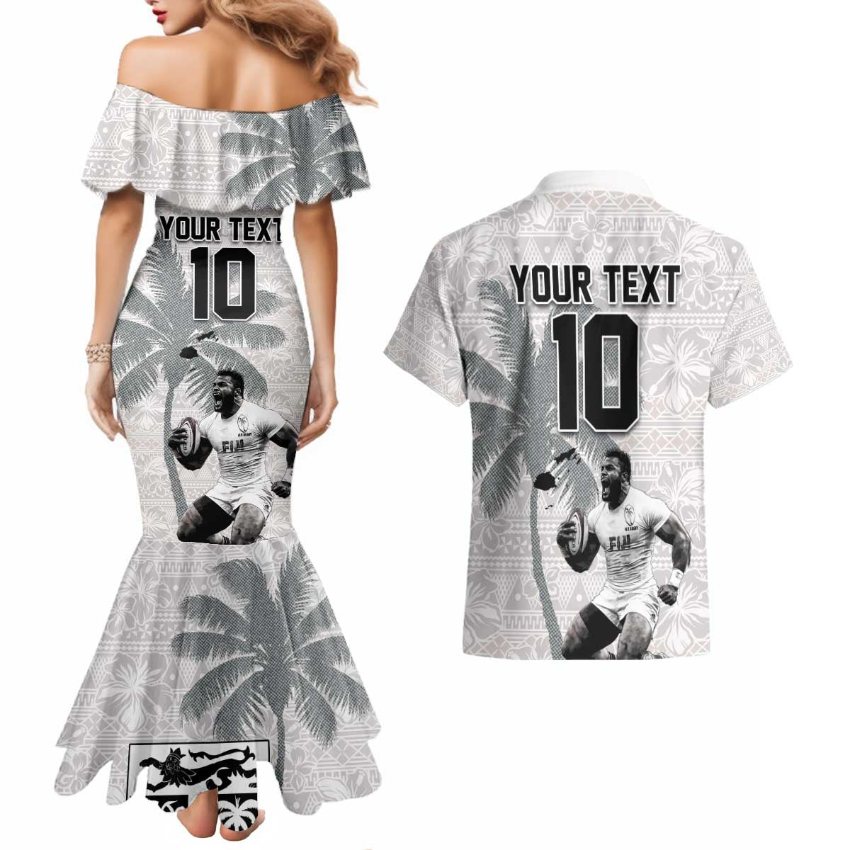 Custom Fiji Rugby Pacific Champions 2024 Couples Matching Mermaid Dress and Hawaiian Shirt Anniversary 7 Titles - Fijians Rugby and Tapa Hibiscus White Art