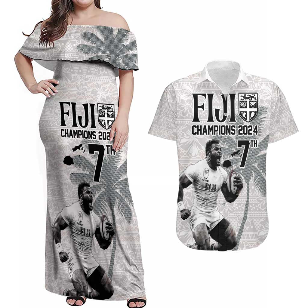 Custom Fiji Rugby Pacific Champions 2024 Couples Matching Off Shoulder Maxi Dress and Hawaiian Shirt Anniversary 7 Titles - Fijians Rugby and Tapa Hibiscus White Art