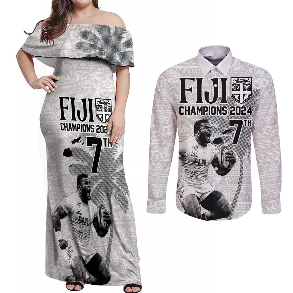 Custom Fiji Rugby Pacific Champions 2024 Couples Matching Off Shoulder Maxi Dress and Long Sleeve Button Shirt Anniversary 7 Titles - Fijians Rugby and Tapa Hibiscus White Art