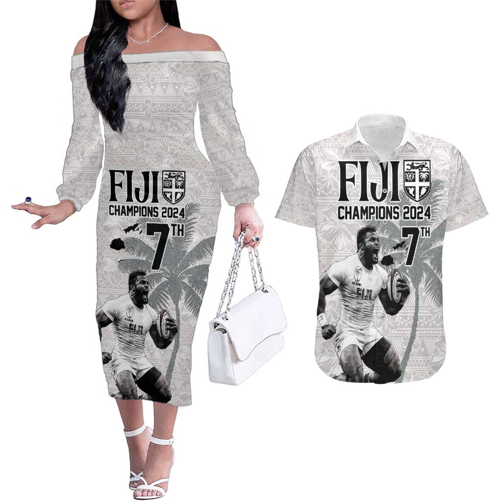 Custom Fiji Rugby Pacific Champions 2024 Couples Matching Off The Shoulder Long Sleeve Dress and Hawaiian Shirt Anniversary 7 Titles - Fijians Rugby and Tapa Hibiscus White Art