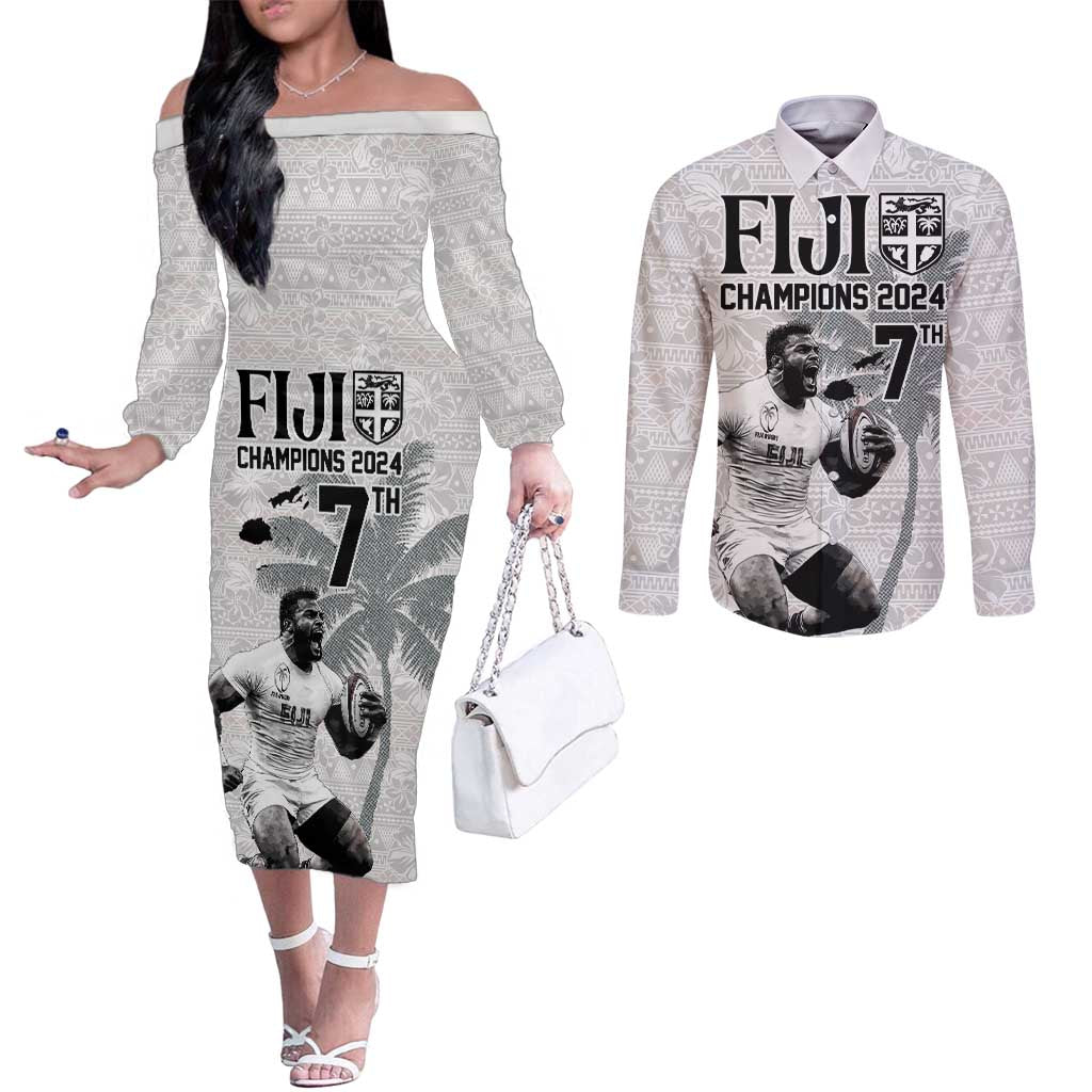 Custom Fiji Rugby Pacific Champions 2024 Couples Matching Off The Shoulder Long Sleeve Dress and Long Sleeve Button Shirt Anniversary 7 Titles - Fijians Rugby and Tapa Hibiscus White Art