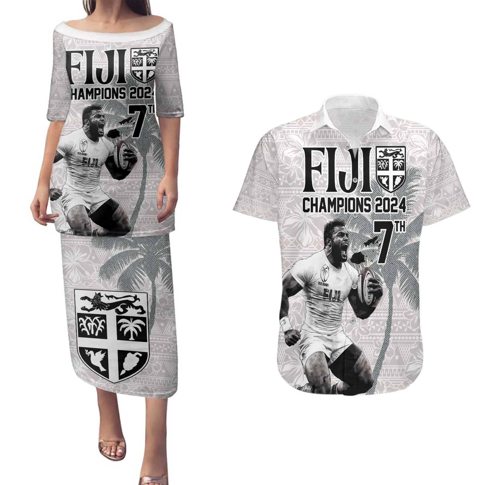 Custom Fiji Rugby Pacific Champions 2024 Couples Matching Puletasi and Hawaiian Shirt Anniversary 7 Titles - Fijians Rugby and Tapa Hibiscus White Art