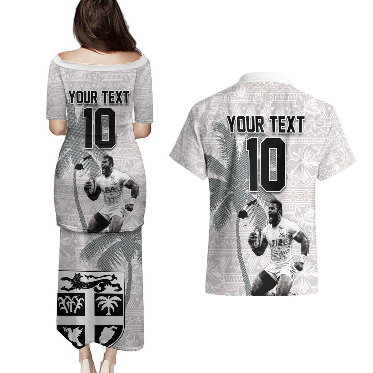 Custom Fiji Rugby Pacific Champions 2024 Couples Matching Puletasi and Hawaiian Shirt Anniversary 7 Titles - Fijians Rugby and Tapa Hibiscus White Art