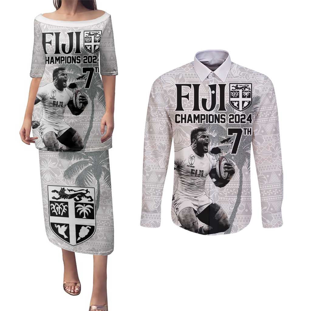 Custom Fiji Rugby Pacific Champions 2024 Couples Matching Puletasi and Long Sleeve Button Shirt Anniversary 7 Titles - Fijians Rugby and Tapa Hibiscus White Art