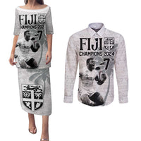 Custom Fiji Rugby Pacific Champions 2024 Couples Matching Puletasi and Long Sleeve Button Shirt Anniversary 7 Titles - Fijians Rugby and Tapa Hibiscus White Art