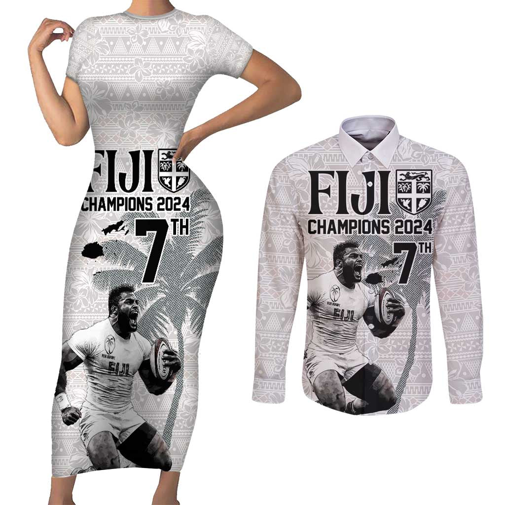 Custom Fiji Rugby Pacific Champions 2024 Couples Matching Short Sleeve Bodycon Dress and Long Sleeve Button Shirt Anniversary 7 Titles - Fijians Rugby and Tapa Hibiscus White Art