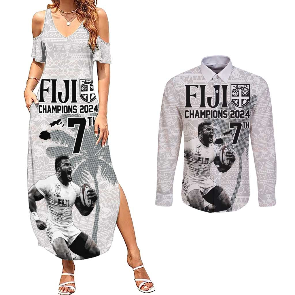 Custom Fiji Rugby Pacific Champions 2024 Couples Matching Summer Maxi Dress and Long Sleeve Button Shirt Anniversary 7 Titles - Fijians Rugby and Tapa Hibiscus White Art