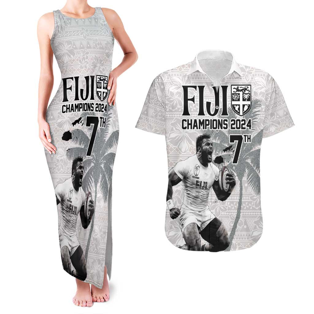 Custom Fiji Rugby Pacific Champions 2024 Couples Matching Tank Maxi Dress and Hawaiian Shirt Anniversary 7 Titles - Fijians Rugby and Tapa Hibiscus White Art