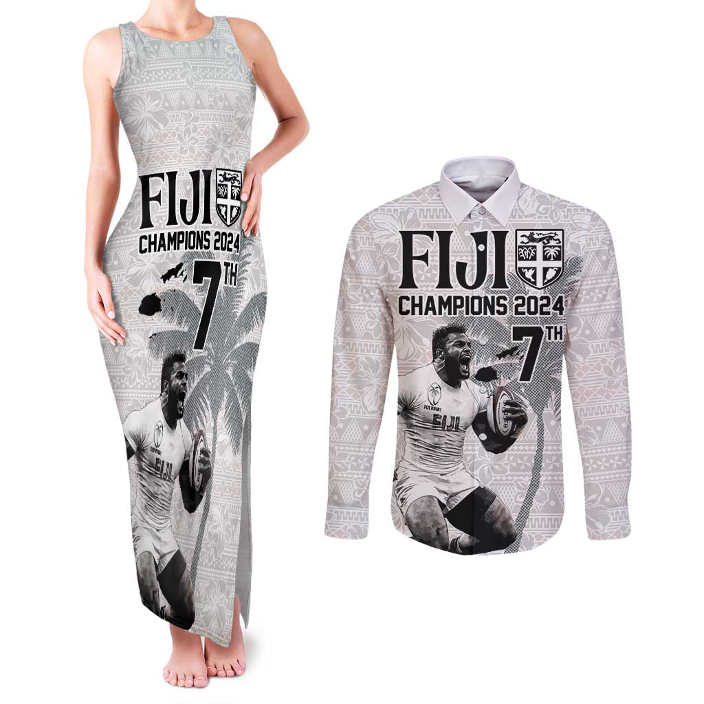 Custom Fiji Rugby Pacific Champions 2024 Couples Matching Tank Maxi Dress and Long Sleeve Button Shirt Anniversary 7 Titles - Fijians Rugby and Tapa Hibiscus White Art