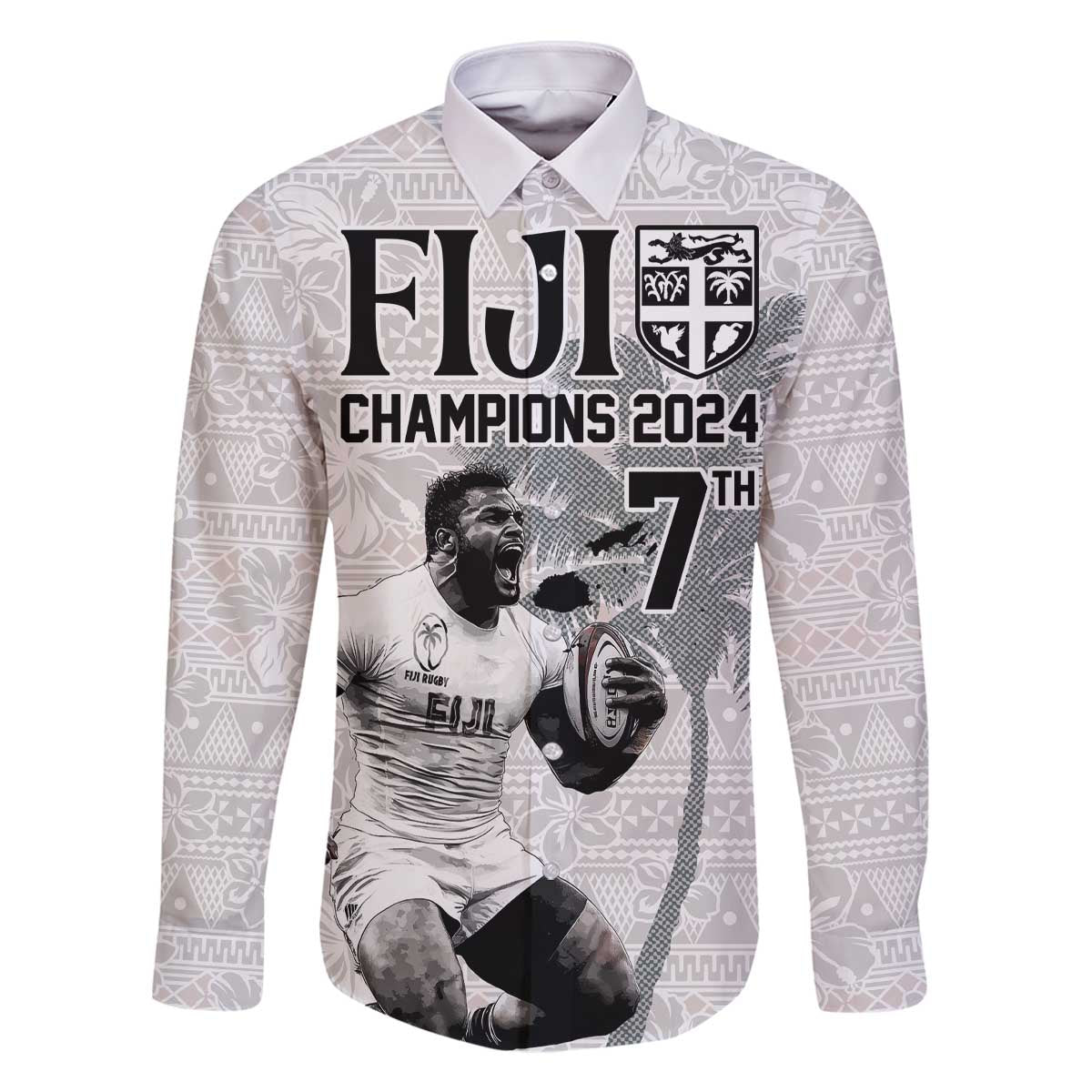 Custom Fiji Rugby Pacific Champions 2024 Family Matching Off The Shoulder Long Sleeve Dress and Hawaiian Shirt Anniversary 7 Titles - Fijians Rugby and Tapa Hibiscus White Art