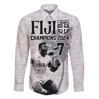 Custom Fiji Rugby Pacific Champions 2024 Family Matching Short Sleeve Bodycon Dress and Hawaiian Shirt Anniversary 7 Titles - Fijians Rugby and Tapa Hibiscus White Art