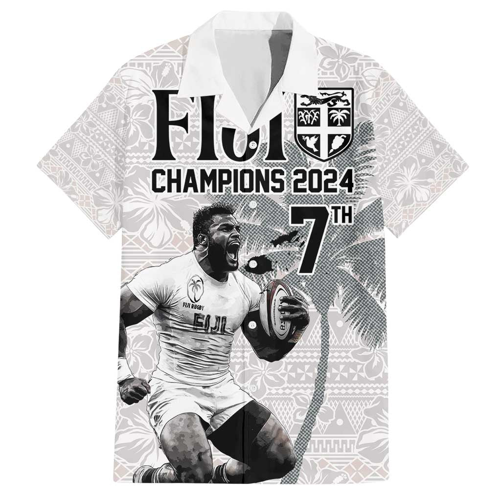 Custom Fiji Rugby Pacific Champions 2024 Hawaiian Shirt Anniversary 7 Titles - Fijians Rugby and Tapa Hibiscus White Art