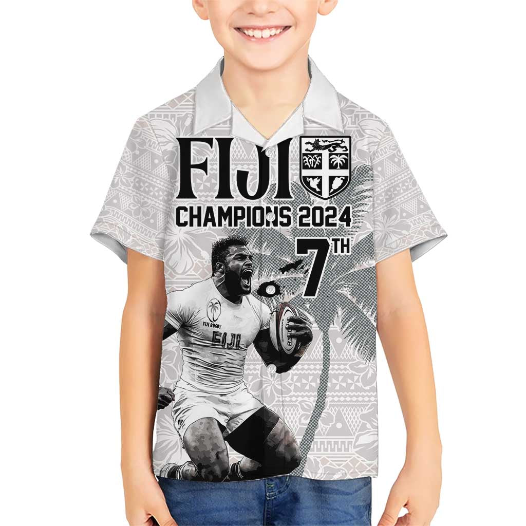 Custom Fiji Rugby Pacific Champions 2024 Kid Hawaiian Shirt Anniversary 7 Titles - Fijians Rugby and Tapa Hibiscus White Art