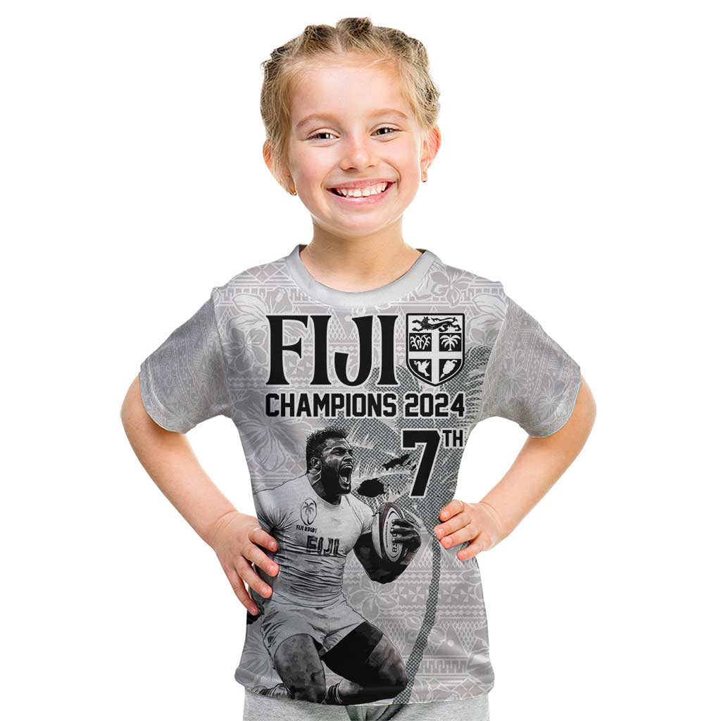 Custom Fiji Rugby Pacific Champions 2024 Kid T Shirt Anniversary 7 Titles - Fijians Rugby and Tapa Hibiscus White Art