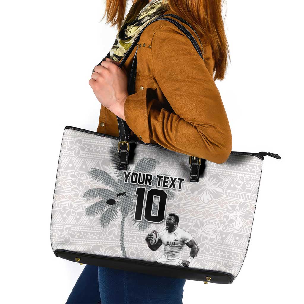 Custom Fiji Rugby Pacific Champions 2024 Leather Tote Bag Anniversary 7 Titles - Fijians Rugby and Tapa Hibiscus White Art LT03 White - Polynesian Pride