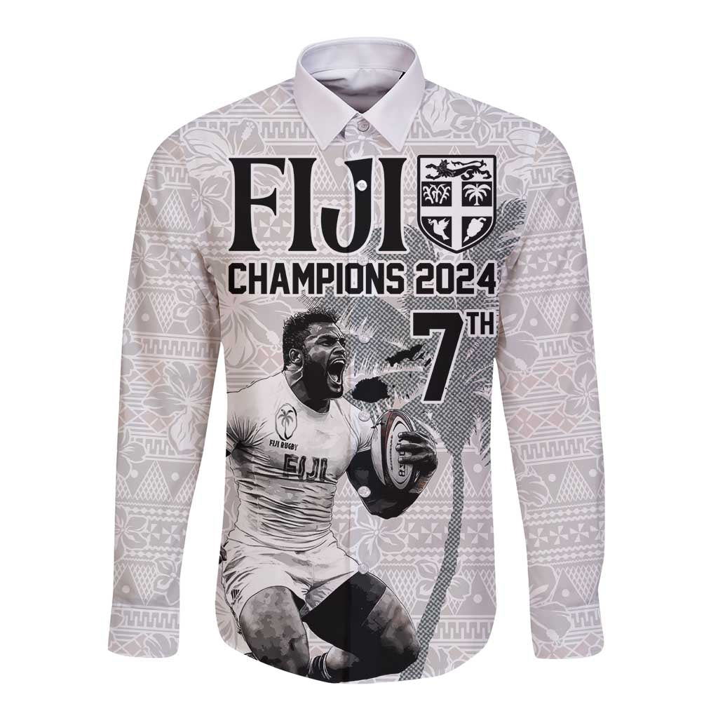 Custom Fiji Rugby Pacific Champions 2024 Long Sleeve Button Shirt Anniversary 7 Titles - Fijians Rugby and Tapa Hibiscus White Art