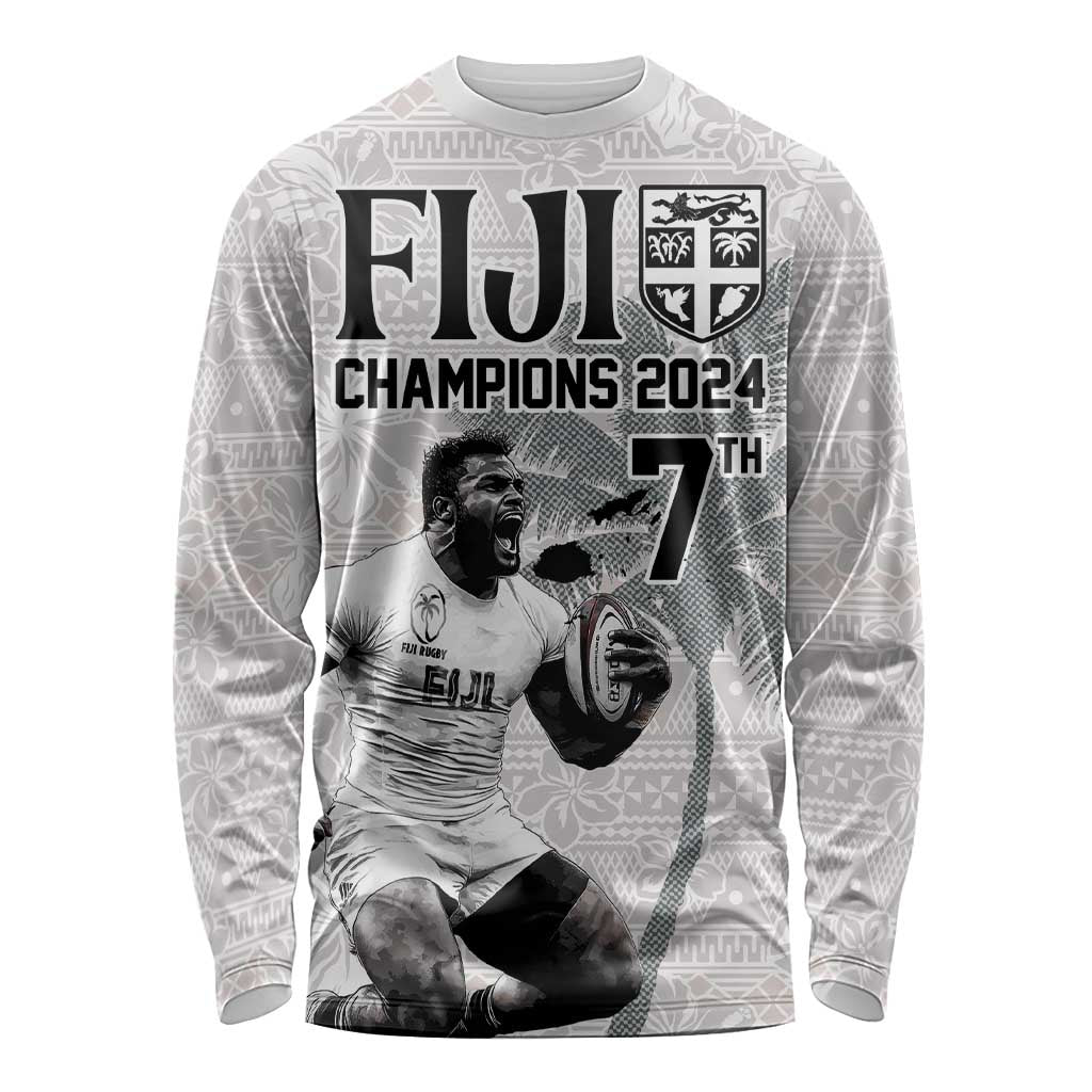 Custom Fiji Rugby Pacific Champions 2024 Long Sleeve Shirt Anniversary 7 Titles - Fijians Rugby and Tapa Hibiscus White Art