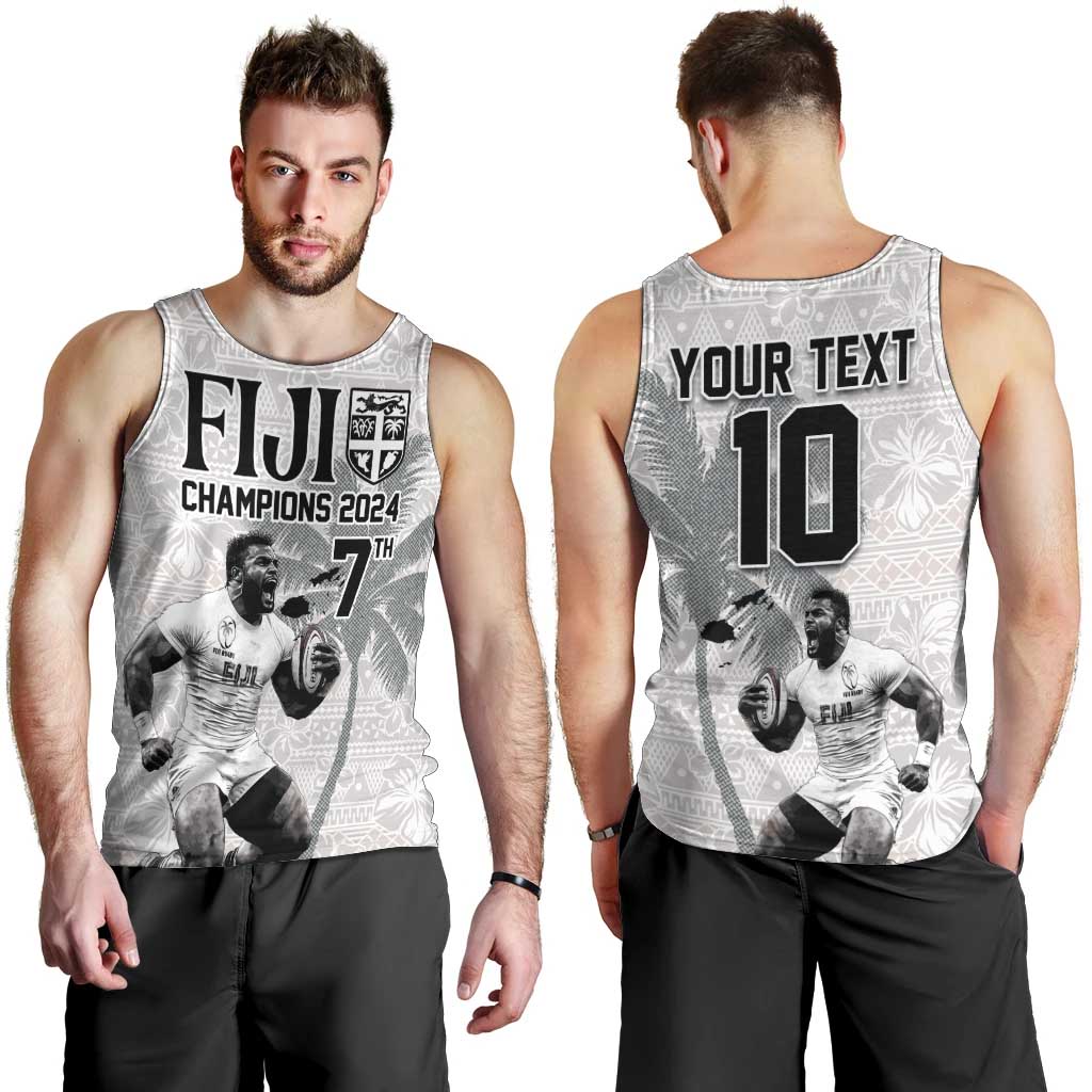 Custom Fiji Rugby Pacific Champions 2024 Men Tank Top Anniversary 7 Titles - Fijians Rugby and Tapa Hibiscus White Art