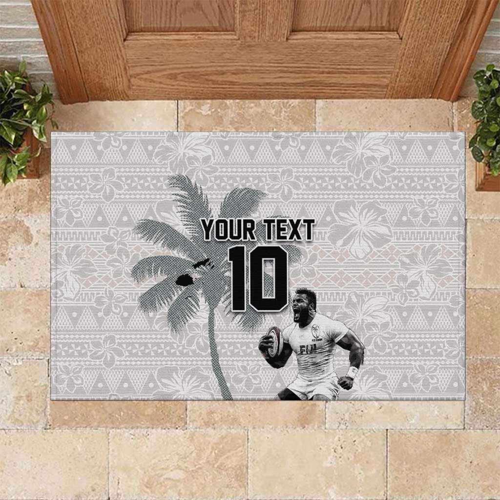 Custom Fiji Rugby Pacific Champions 2024 Rubber Doormat Anniversary 7 Titles - Fijians Rugby and Tapa Hibiscus White Art