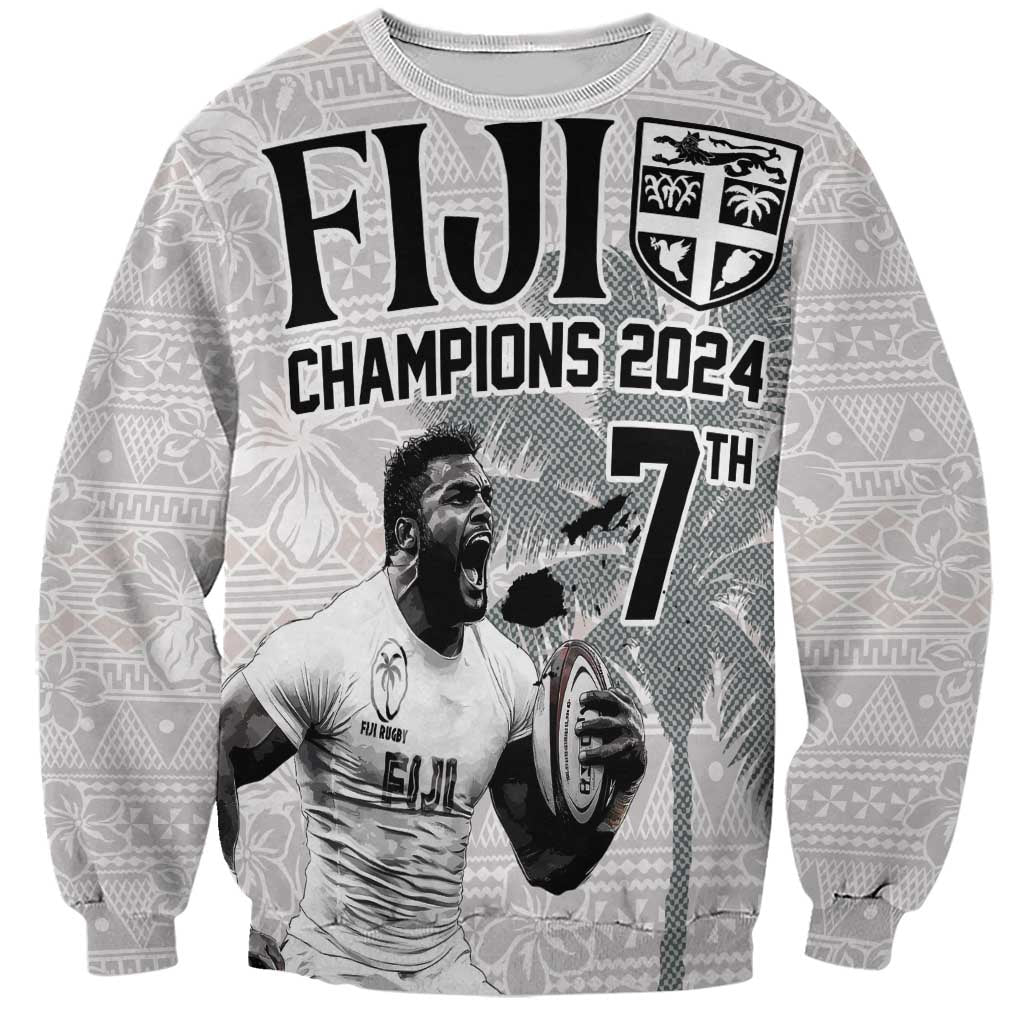 Custom Fiji Rugby Pacific Champions 2024 Sweatshirt Anniversary 7 Titles - Fijians Rugby and Tapa Hibiscus White Art