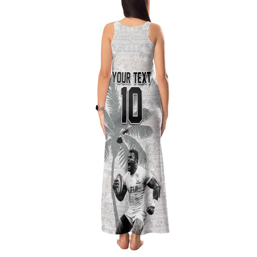 Custom Fiji Rugby Pacific Champions 2024 Tank Maxi Dress Anniversary 7 Titles - Fijians Rugby and Tapa Hibiscus White Art
