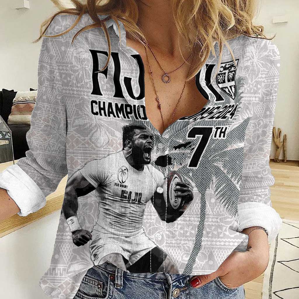 Custom Fiji Rugby Pacific Champions 2024 Women Casual Shirt Anniversary 7 Titles - Fijians Rugby and Tapa Hibiscus White Art