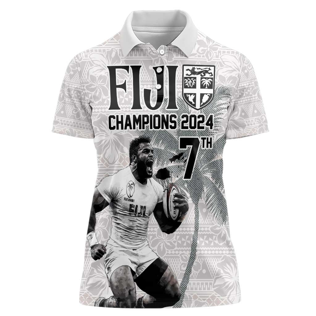 Custom Fiji Rugby Pacific Champions 2024 Women Polo Shirt Anniversary 7 Titles - Fijians Rugby and Tapa Hibiscus White Art