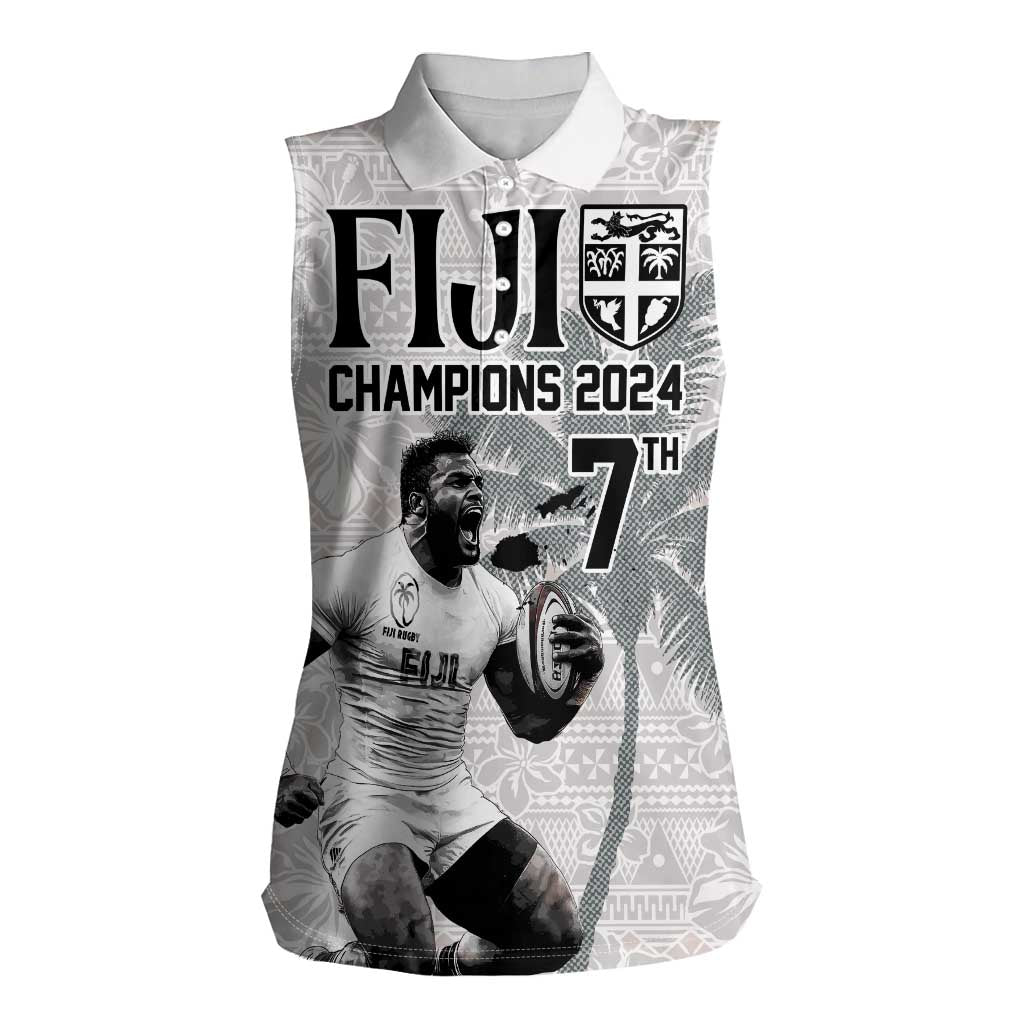 Custom Fiji Rugby Pacific Champions 2024 Women Sleeveless Polo Shirt Anniversary 7 Titles - Fijians Rugby and Tapa Hibiscus White Art