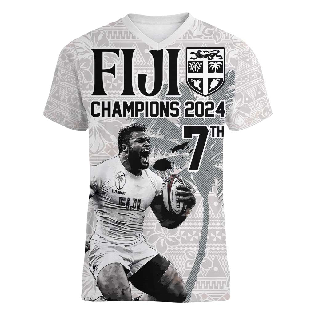 Custom Fiji Rugby Pacific Champions 2024 Women V-Neck T-Shirt Anniversary 7 Titles - Fijians Rugby and Tapa Hibiscus White Art