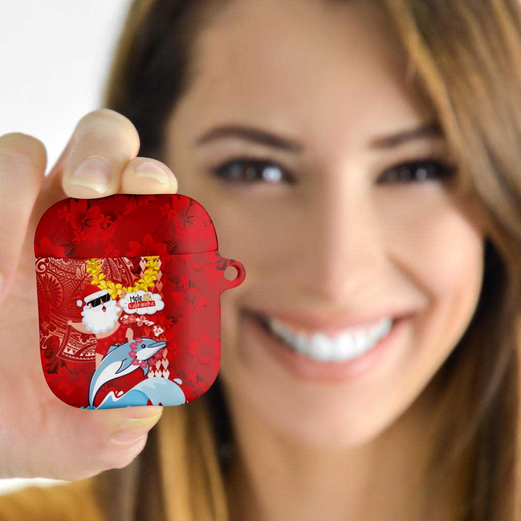 Hawaiian Mele Kalikimaka AirPods Case Funny Santa Riding Lei Dolphin with Kakau Tattoos - Polynesian Pride