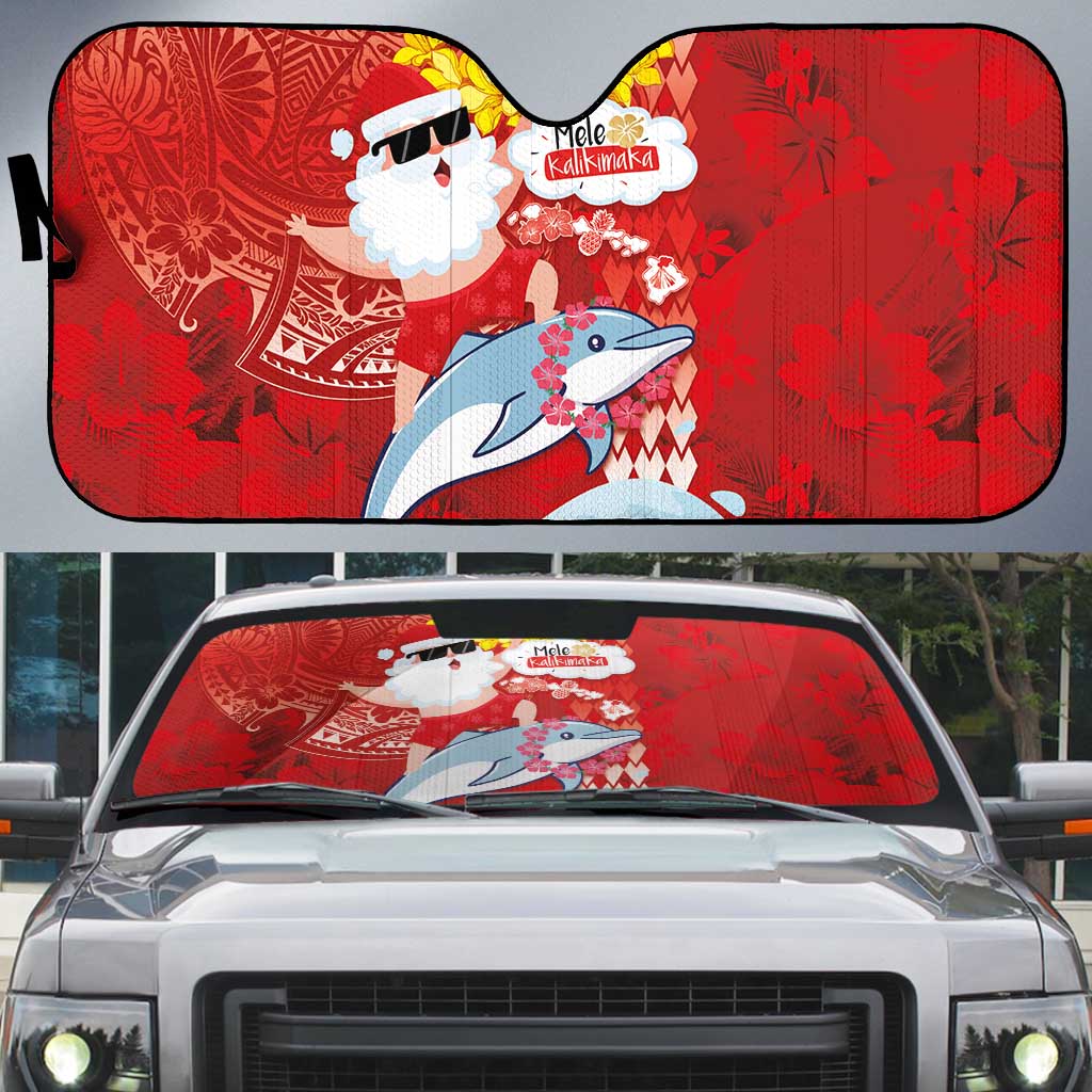Hawaiian Mele Kalikimaka Auto Sun Shade Funny Santa Riding Lei Dolphin with Kakau Tattoos - Polynesian Pride