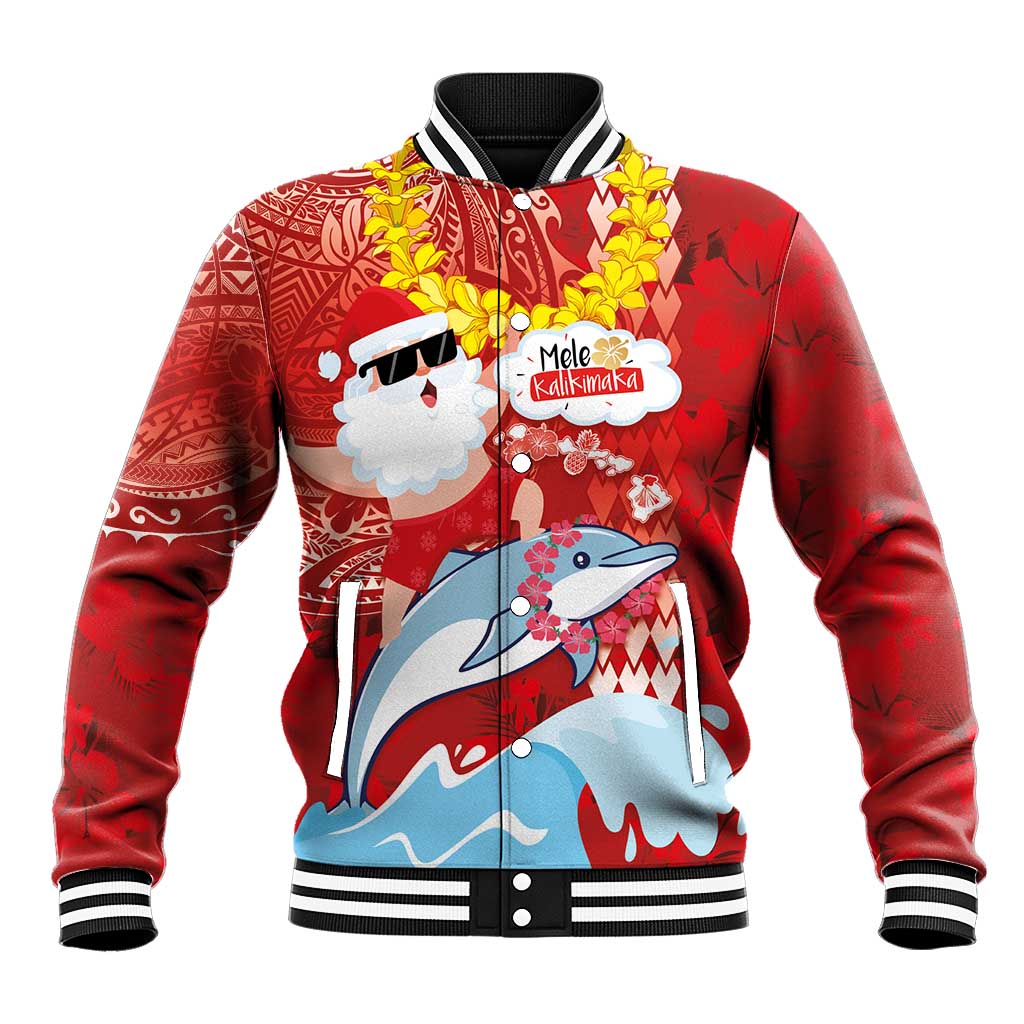 Hawaiian Mele Kalikimaka Baseball Jacket Funny Santa Riding Lei Dolphin with Kakau Tattoos - Polynesian Pride