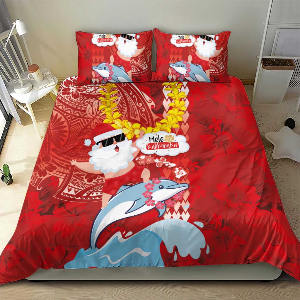 Hawaiian Mele Kalikimaka Bedding Set Funny Santa Riding Lei Dolphin with Kakau Tattoos - Polynesian Pride