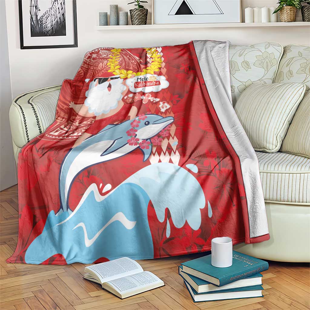 Hawaiian Mele Kalikimaka Blanket Funny Santa Riding Lei Dolphin with Kakau Tattoos - Polynesian Pride