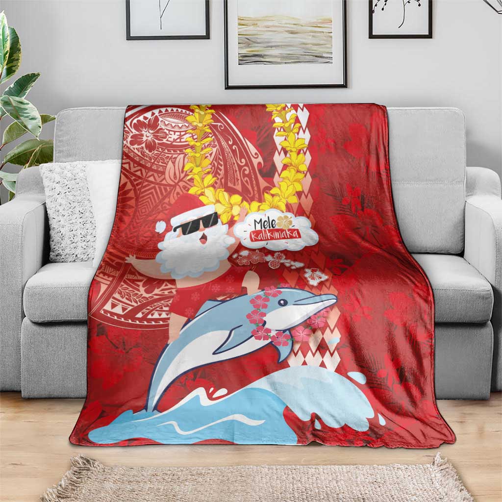 Hawaiian Mele Kalikimaka Blanket Funny Santa Riding Lei Dolphin with Kakau Tattoos - Polynesian Pride