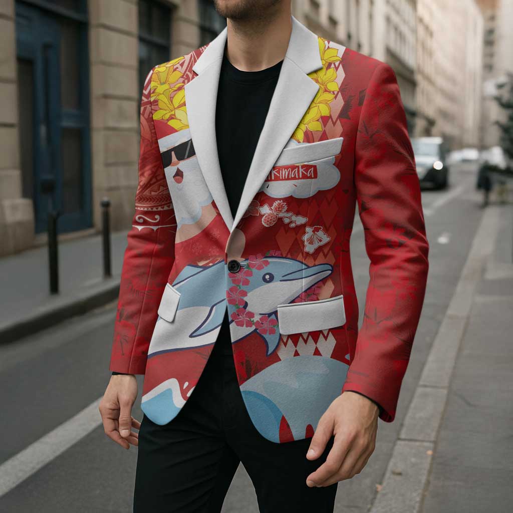 Hawaiian Mele Kalikimaka Blazer Funny Santa Riding Lei Dolphin with Kakau Tattoos - Polynesian Pride