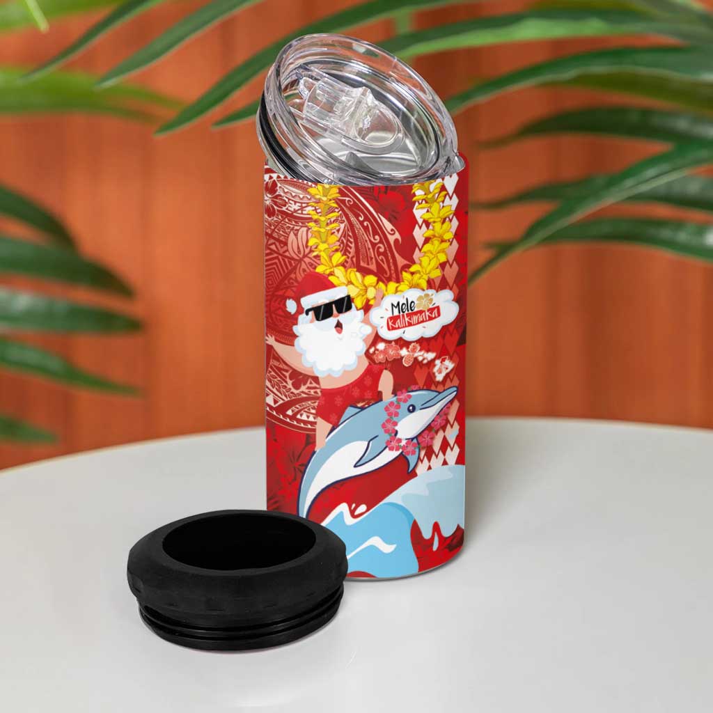 Hawaiian Mele Kalikimaka 4 in 1 Can Cooler Tumbler Funny Santa Riding Lei Dolphin with Kakau Tattoos - Polynesian Pride