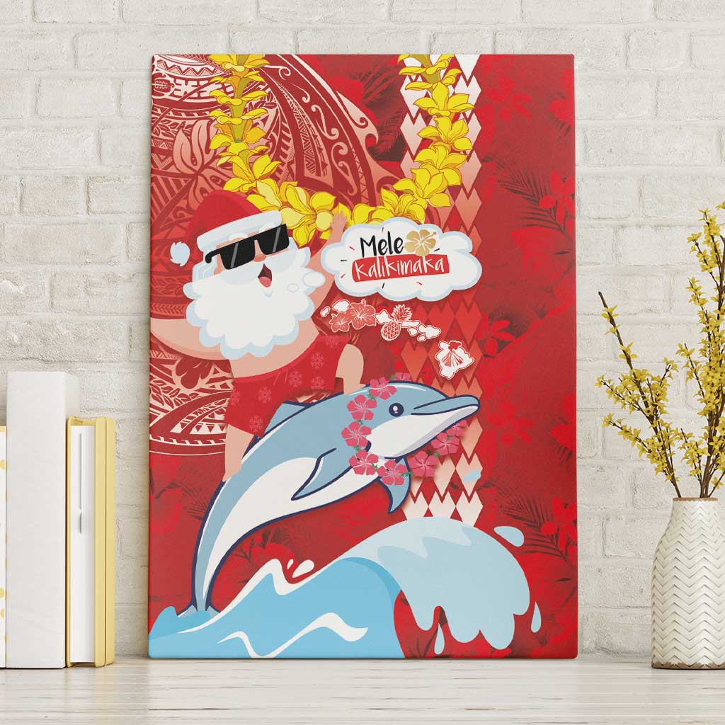 Hawaiian Mele Kalikimaka Canvas Wall Art Funny Santa Riding Lei Dolphin with Kakau Tattoos - Polynesian Pride