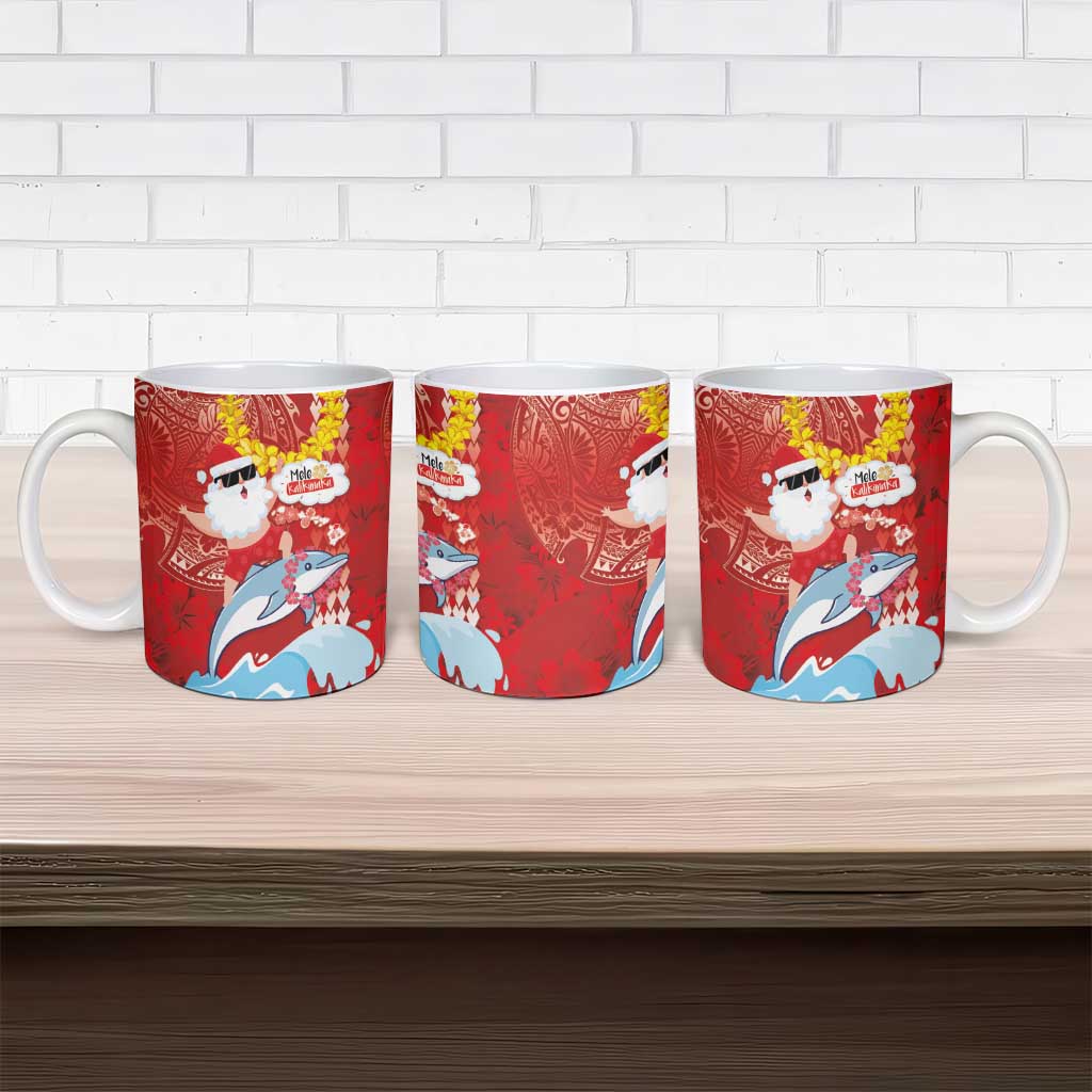 Hawaiian Mele Kalikimaka Ceramic Mug Funny Santa Riding Lei Dolphin with Kakau Tattoos - Polynesian Pride