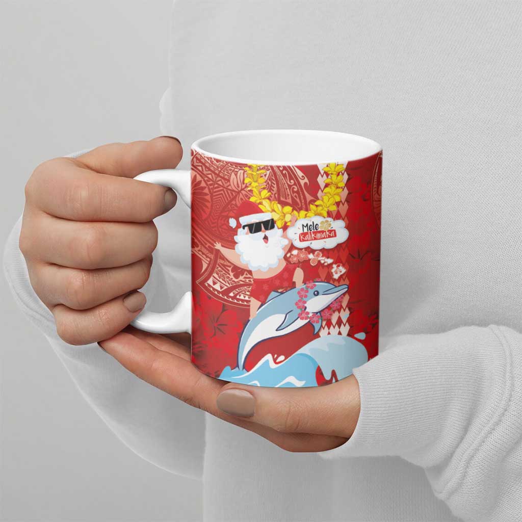 Hawaiian Mele Kalikimaka Ceramic Mug Funny Santa Riding Lei Dolphin with Kakau Tattoos - Polynesian Pride