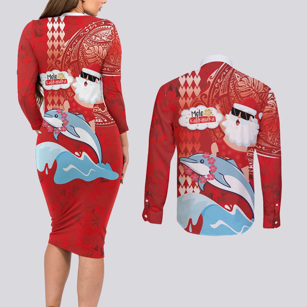 Hawaiian Mele Kalikimaka Couples Matching Long Sleeve Bodycon Dress and Long Sleeve Button Shirt Funny Santa Riding Lei Dolphin with Kakau Tattoos - Polynesian Pride