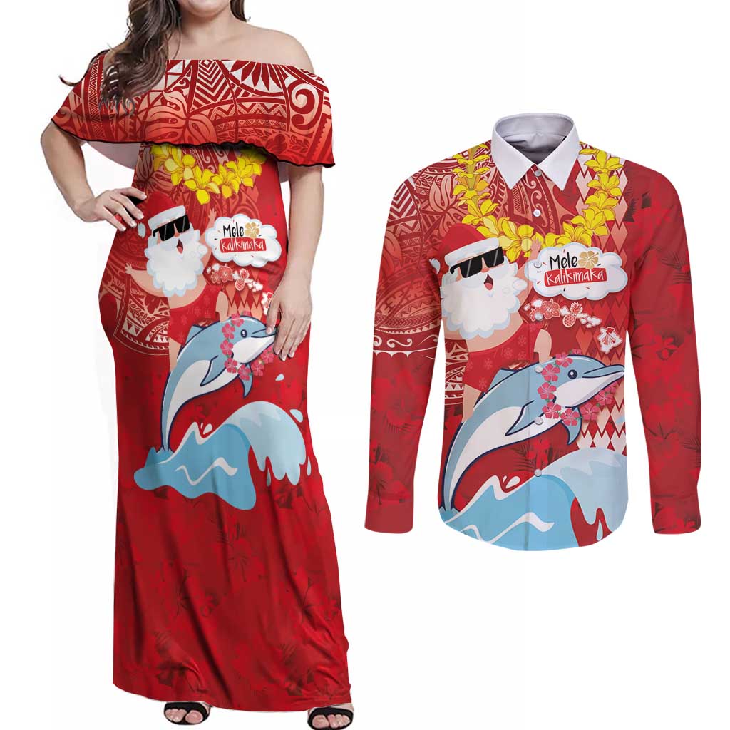 Hawaiian Mele Kalikimaka Couples Matching Off Shoulder Maxi Dress and Long Sleeve Button Shirt Funny Santa Riding Lei Dolphin with Kakau Tattoos - Polynesian Pride