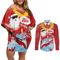 Hawaiian Mele Kalikimaka Couples Matching Off Shoulder Short Dress and Long Sleeve Button Shirt Funny Santa Riding Lei Dolphin with Kakau Tattoos - Polynesian Pride