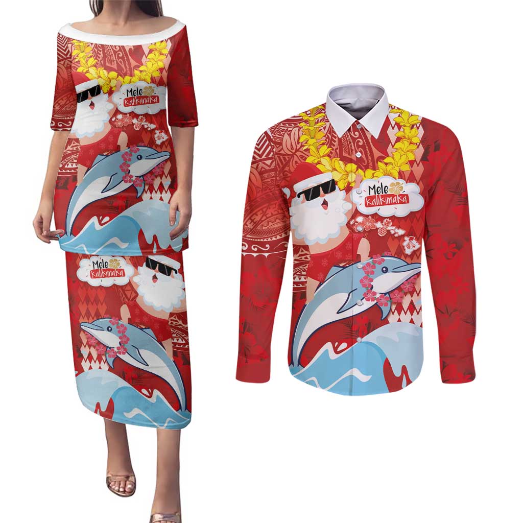 Hawaiian Mele Kalikimaka Couples Matching Puletasi and Long Sleeve Button Shirt Funny Santa Riding Lei Dolphin with Kakau Tattoos - Polynesian Pride