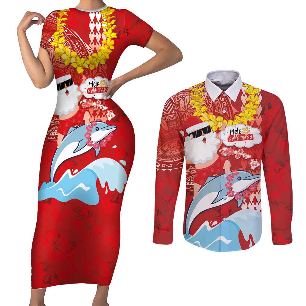 Hawaiian Mele Kalikimaka Couples Matching Short Sleeve Bodycon Dress and Long Sleeve Button Shirt Funny Santa Riding Lei Dolphin with Kakau Tattoos - Polynesian Pride